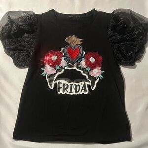 Frida Black Top with Floral Embroidery